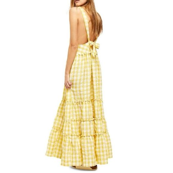 NEW FREE PEOPLE Beach Club Gingham Maxi Dress Size M Yellow White Tiered Raw Hem - Picture 2 of 10